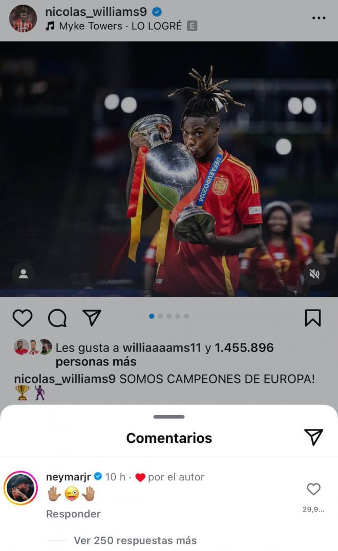 El comentario de Neymar en la publicación de Nico Williams.