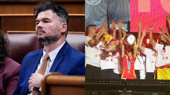 Gabriel Rufián en el Congreso y la Selección celebra la Eurocopa (Montaje: Cordon Press)