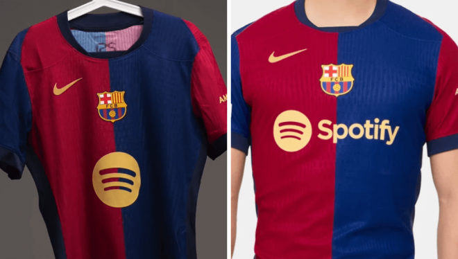 A la izquierda, la camiseta presenta por el Barcelona; a la derecha, la que está a la venta.