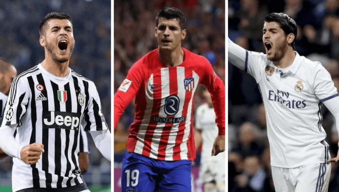 Álvaro Morata, en sus etapas en Juventus, Atlético y Real Madrid.