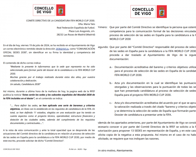 Carta del Concello de Vigo a la RFEF.