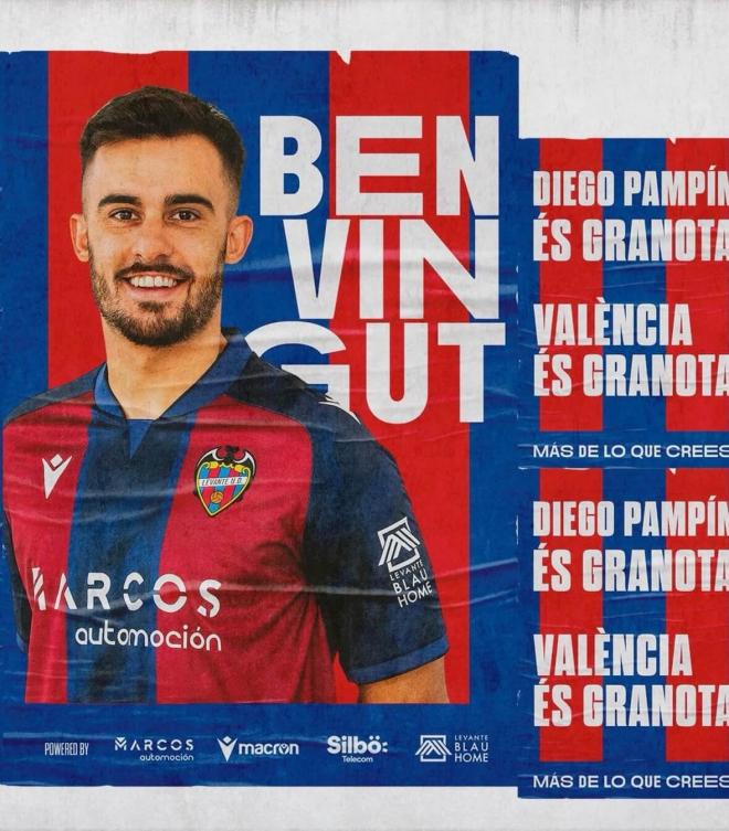 El cartel del Levante anunciando la llegada al proyecto del lateral zurdo Diego Pampín (Foto: LUD).