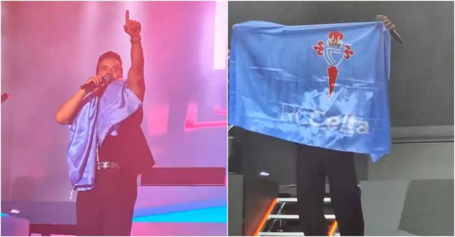 Luis Fonsi, con la bandera del Celta en Castrelos.