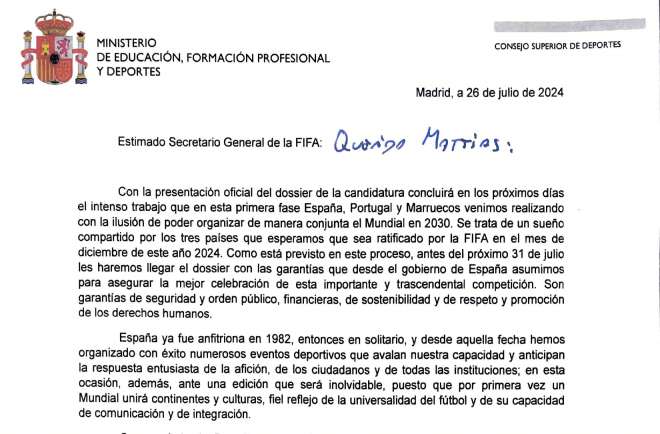 Carta del CSD a la FIFA por el Mundial 2030