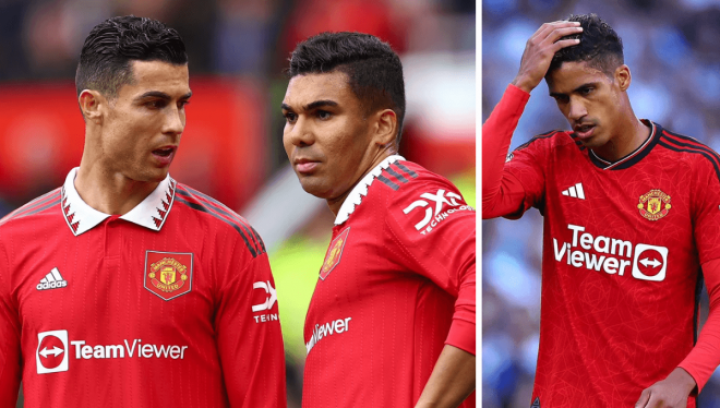 Cristiano Ronaldo, Casemiro y Raphael Varane, con el Manchester United.