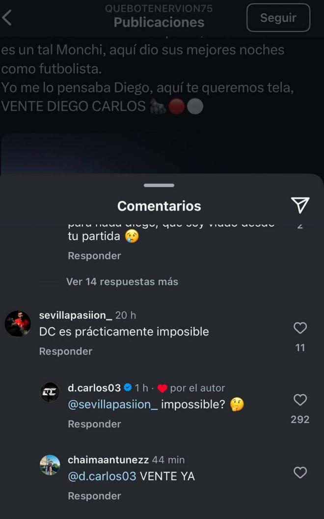 Las respuestas de Diego Carlos en redes sociales.