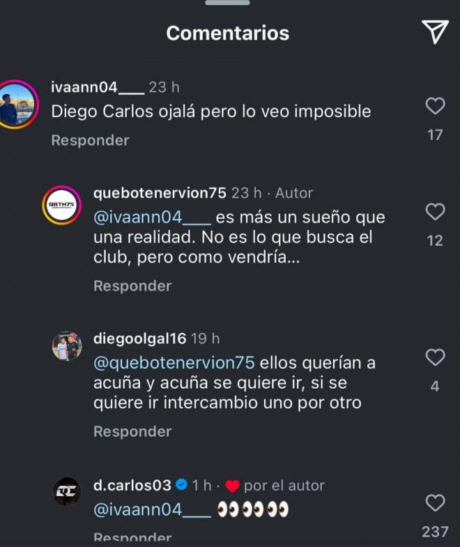 Las respuestas de Diego Carlos en redes sociales.