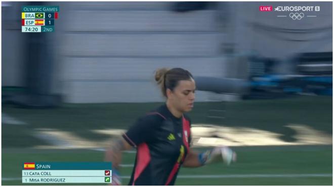 Misa Rodríguez salió en el lugar de Cata Coll en el España-Brasil (foto: captura Eurosport).