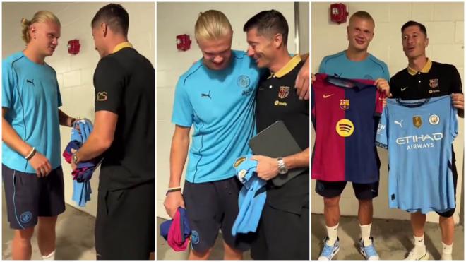 Erling Haaland y Rober Lewandowski, intercambiándose las camisetas tras el partido en Orlando (FC