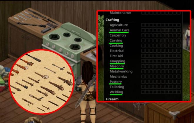El listado con las nuevas habilidades de artesanía para la 42 de Project Zomboid