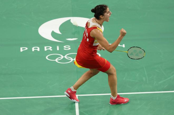 Carolina Marín, en el partido ante Aya Ohori en París (Foto: EFE).