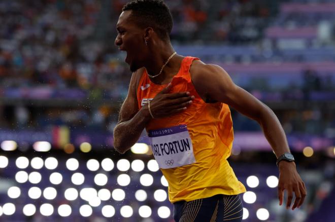 Jordan Díaz celebra un salto en la final de los Juegos Olímpicos de París 2024 (Foto: EFE).