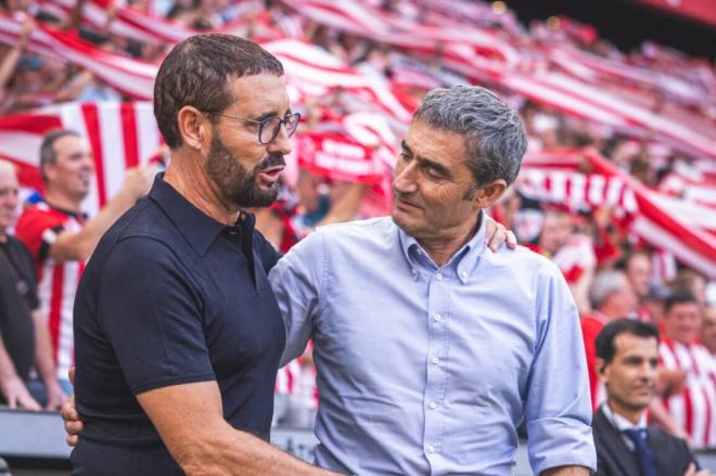 José Bordalás y Ernesto Valverde se saludan antes del partido en San Mamés (Foto: Athletic Club).