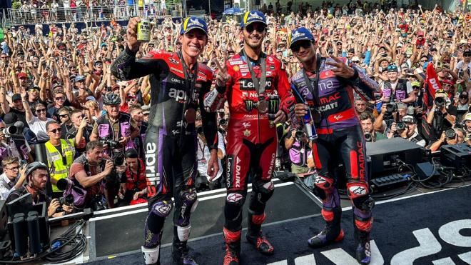 Bagnaia, Martín y Espargaró en el podio del GP de Austria (Foto: @MotoGP)