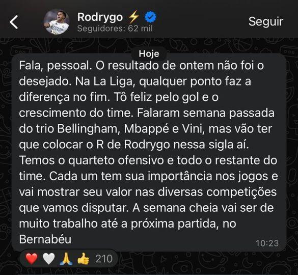 Mensaje de Rodrygo Goes en su canal de Whatsapp