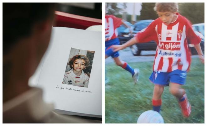 Dos fotografías de César Gelabert con la camiseta del Sporting de niño.