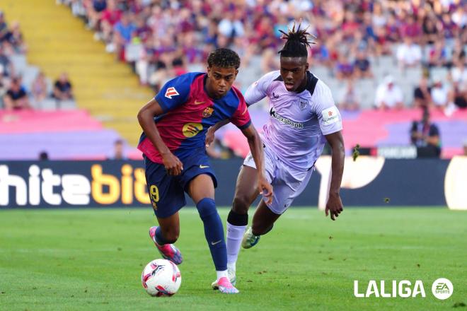 Nico Williams presiona a Lamine Yamal jugando ante el Barça (Foto: LaLiga).