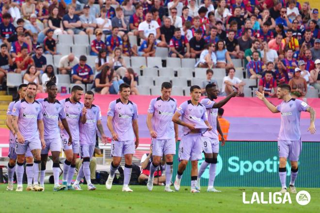 Celebración del gol de Oihan Sancet al Barcelona en Montjuic (Foto: LALIGA).