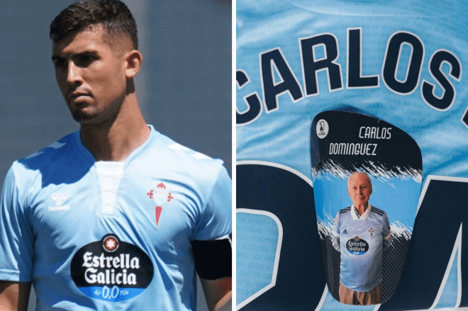 Carlos Domínguez y las espinilleras con una foto de su abuelo y la camiseta del Celta.