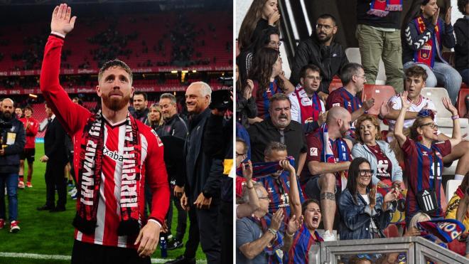 A la izquierda, Iker Muniain; a la derecha, la afición del Eldense (Fotos: LALIGA).