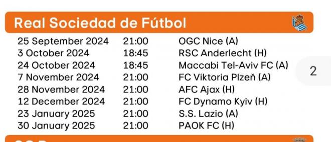 Horarios de la Real Sociedad en la primera fase de la UEFA Europa League.