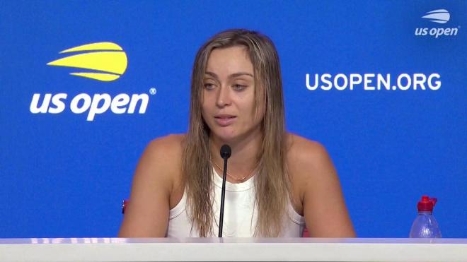 La tenista española Paula Badosa, en rueda de prensa tras meterse en los cuartos de final del US Open