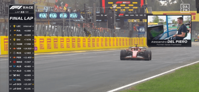 Alessandro Del Piero bajó la bandera a cuadros en Monza (foto: captura DAZN).