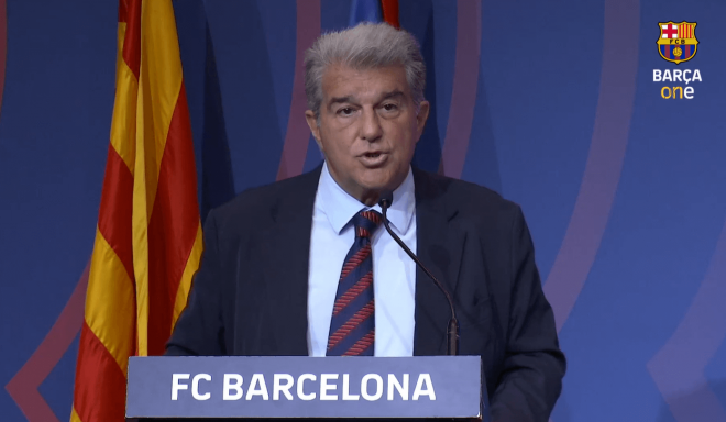 Joan Laporta, en rueda de prensa con el Barça (Barça ONE)