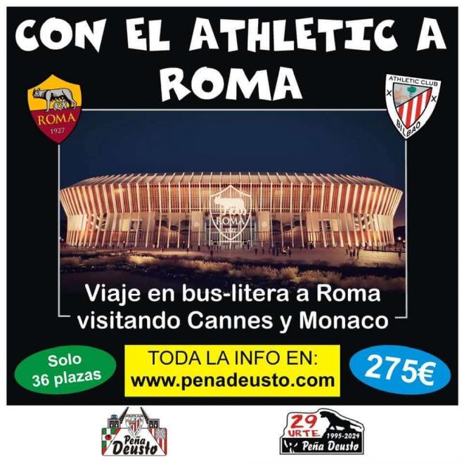 Este es el viaje de la Peña Deusto para ver el partido AS Roma-Athletic Club de UEFA Europa League.