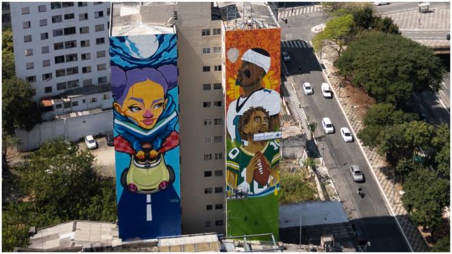 Mural para promocionar el partido de la NFL entre los Philadelphia Eagles y los Green Bay Packers e