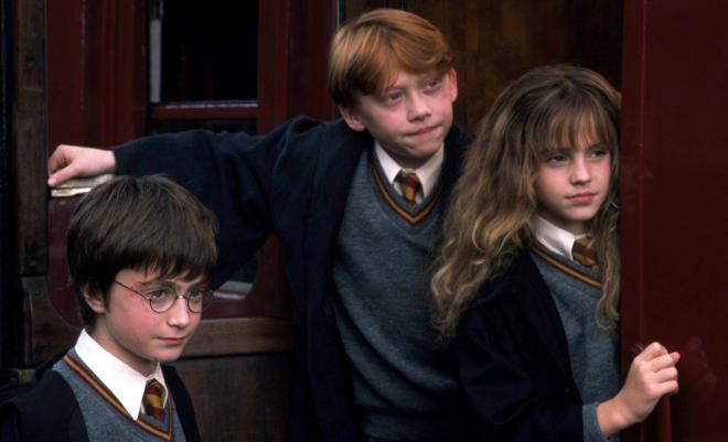 Harry Potter, Ron Weasley y Hermione Granger en La Piedra Filosofal