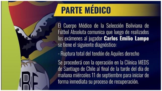 El equipo boliviano confirma la lesión de Carlos Lampe. (Fuente: @fbf_oficial, Federación Bolivia