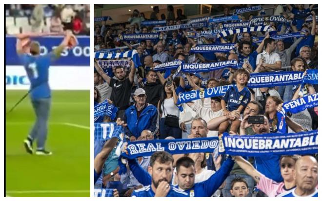 Aficionado del Sporting con la bufanda en el Carlos Tartiere e hinchas del Oviedo.