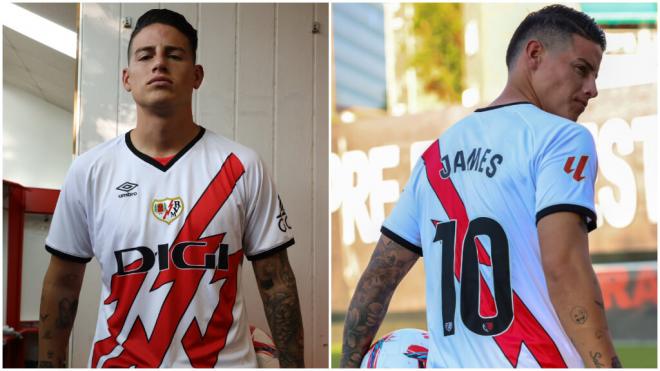 James Rodríguez posando con la nueva camiseta del Rayo Vallecano (@rayovallecano)