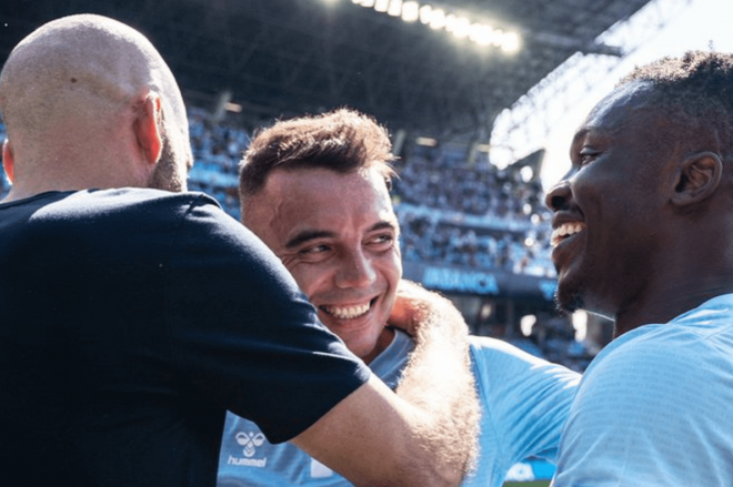 Giráldez, Iago Aspas y Joseph Aidoo (Foto: RC Celta).