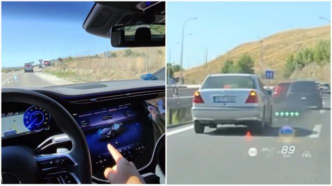 Ángel Gaitán muestra la función de su Mercedes sobre la contaminación con el BMW.