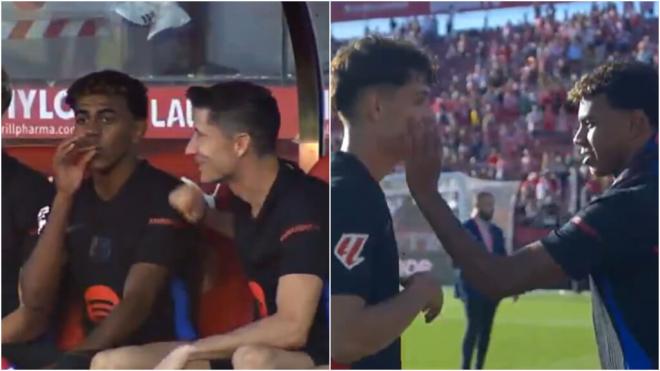 Lamine Yamal explicando la jugada de Héctor Fort a Lewandowski (Fuente: retransmisión de Movistar