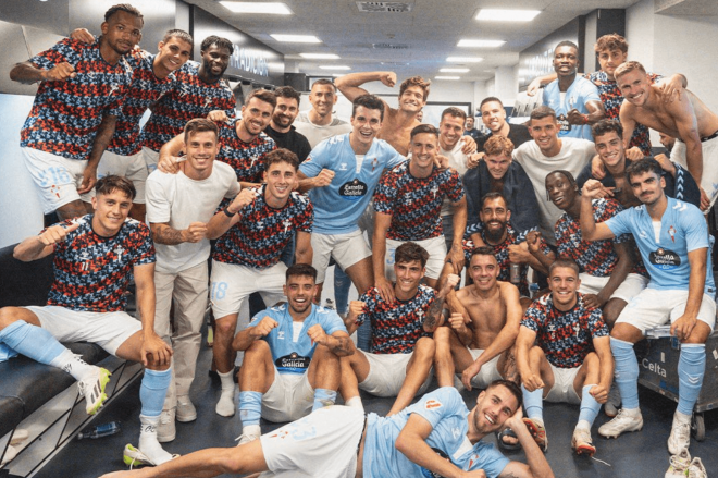 El vestuario del Celta celebra la victoria ante el Real Valladolid (Foto: RC Celta).