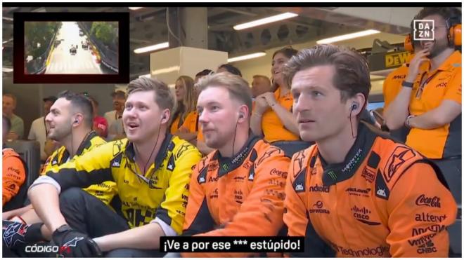 Reacción del equipo McLaren al choque entre Sainz y Pérez. (Fuente:@DAZN_ES)