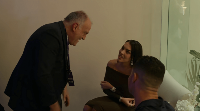 Javier Tebas, Cristiano Ronaldo y Georgina Rodríguez en 'Soy Georgina' (Captura de Netflix)