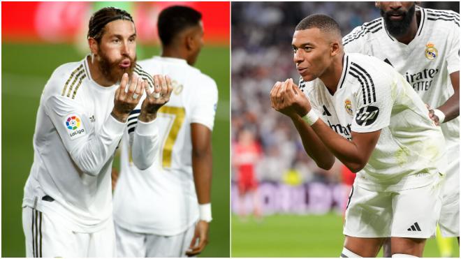 Sergio Ramos y Mbappé en un partido con el Madrid haciendo la misma celebración (Europa Press)