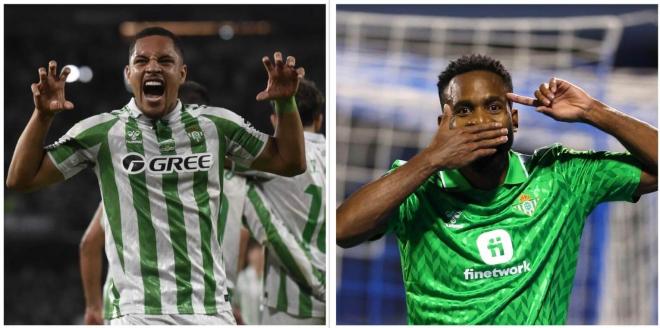 Vitor Roque (izquierda) y Bakambu (derecha) celebran un gol con el Betis.