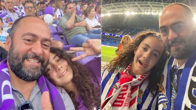 Juan Carlos Oliva y su hija Sofía viendo un partido del Valladolid y de la Real.