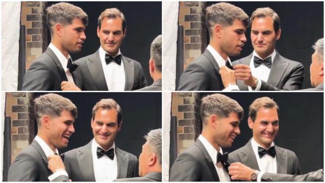 Roger Federer ayuda a Carlos Alcaraz a colocarse la pajarita. (Fuente: @LaverCup)