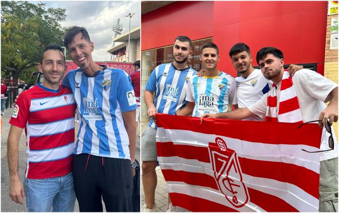 Aficionados malaguistas y granadinistas, juntos en la previa del derbi. (Foto: ElDesmarque)