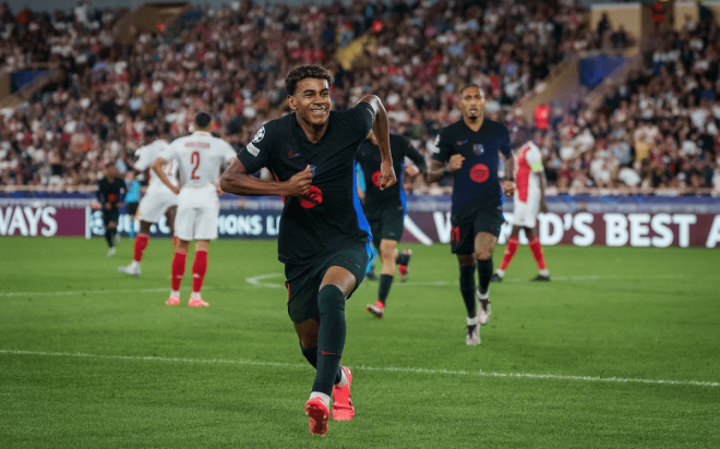 Lamine Yamal celebrando su gol ante el Mónaco (Foto: FCB).