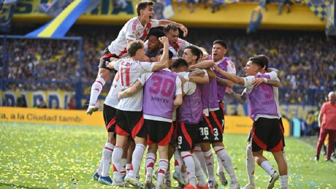 River Plate celebra el gol de Lanzini a Boca Juniors (Foto: River Plate).