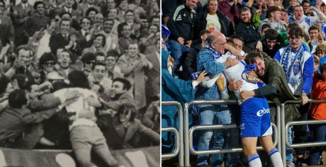 La celebración de Arrúa y Bazdar con la afición del Real Zaragoza.