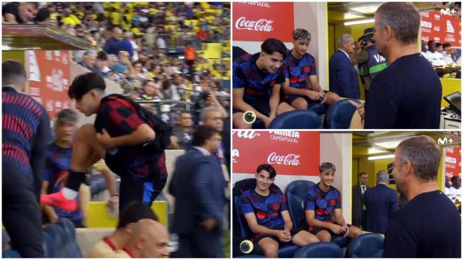 La reacción de Hansi Flick a las pisadas de su asiento en el partido contra el Villareal. (Fuente: