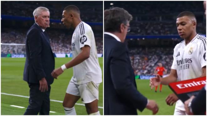 Kylian Mbappé salió sustituido por Carlo Ancelotti con gesto serio por unas molestias (foto: Captura).